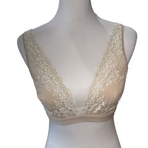 Wacoal Nude Lace Wireless Plunge Bra Floral Mesh Soft Cup Convertible 38